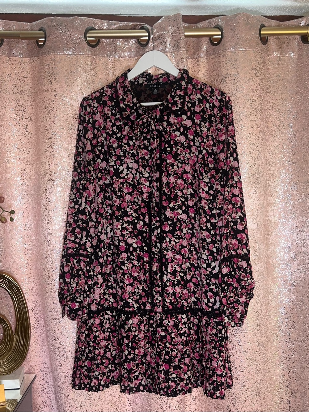 BCBG Pink Floral Dress with Black Lace